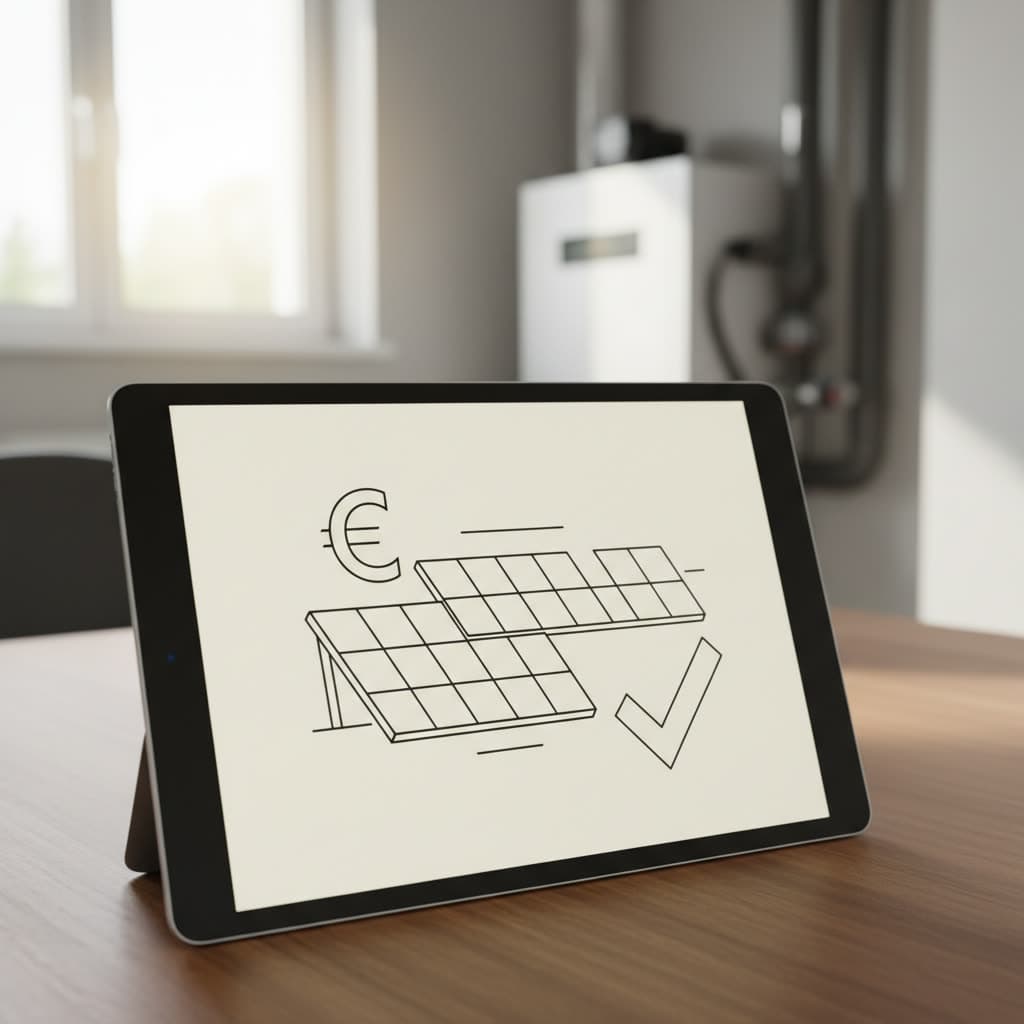 Illustration: Solaranlage mit Förderungs-Symbol, flaches Design