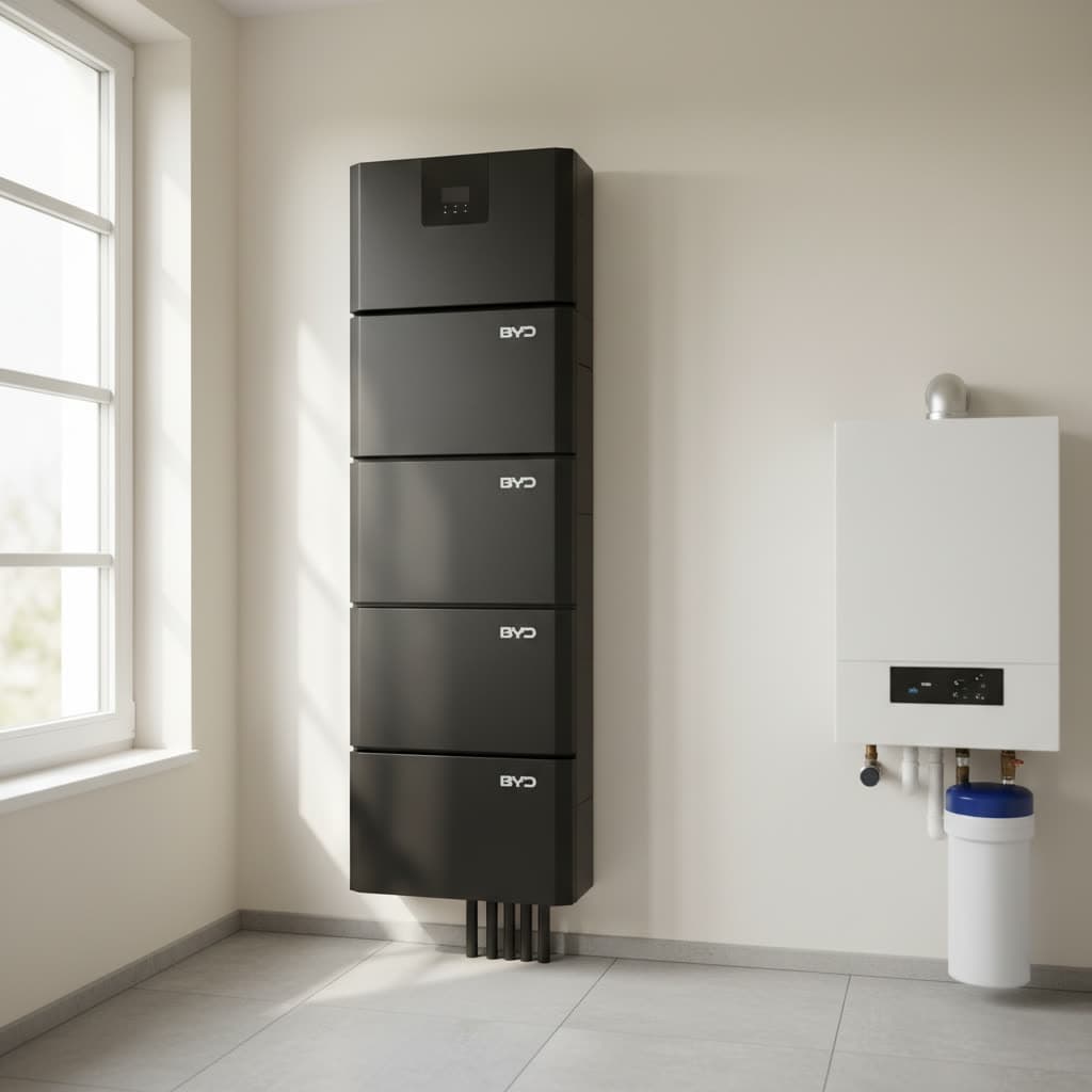 BYD Battery-Box Premium HVS Stromspeicher an einer Hauswand im Heizungskeller